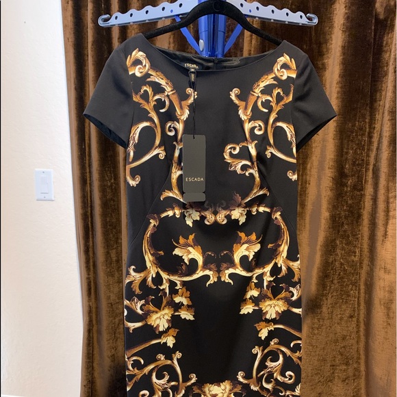 Escada black and gold knee length dress. NWT
